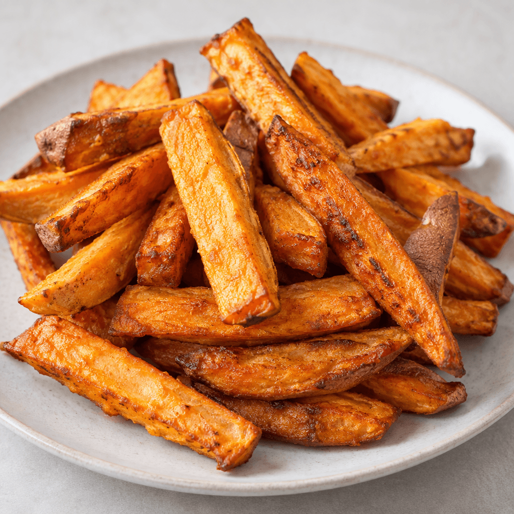 A pile of thick, irregular sweet-potato batons with deep orange-gold sides, browned crisp edges, and soft-looking pale orange centers, served loosely on a plate.