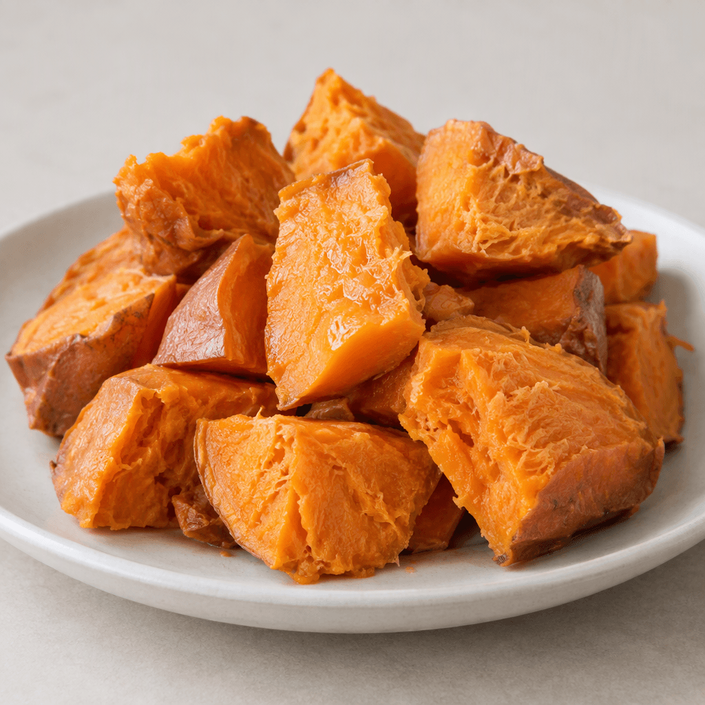Soft orange sweet potato pieces with slightly wrinkled edges and a moist, fibrous surface, served in a simple pile on a plate.