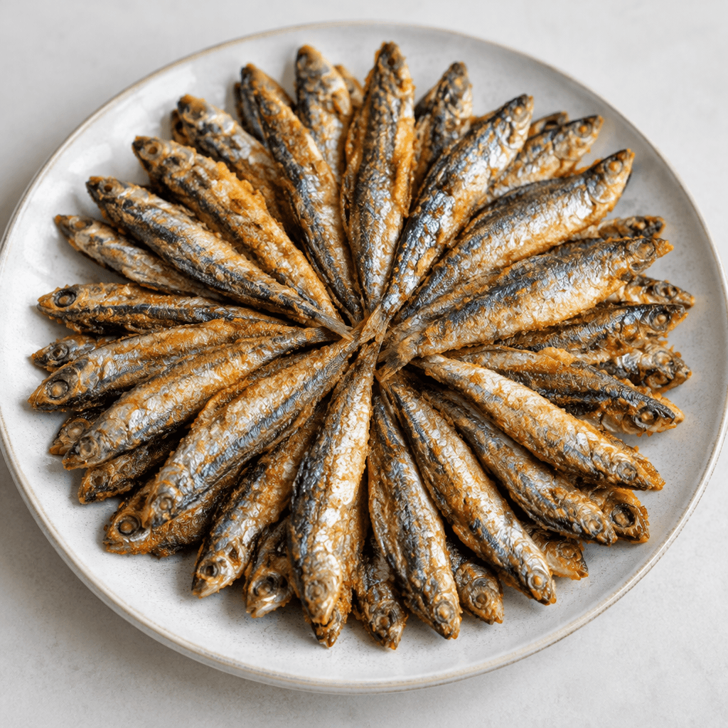 Small whole anchovies with slender, golden-brown crisp bodies and silvery skin are arranged closely in a circular fan on a plate.