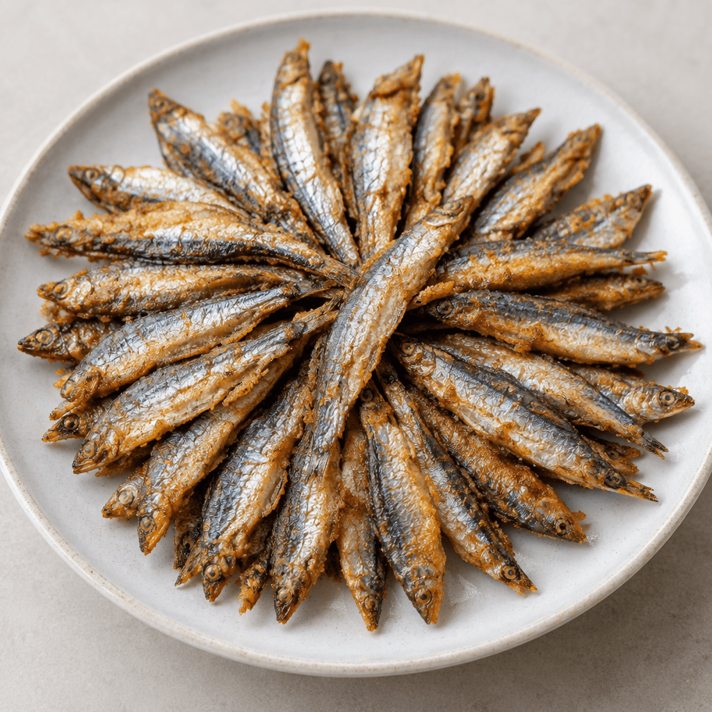 Small, slender anchovies with silvery skin and crisp golden-brown edges overlap in a neat circle on a plate.