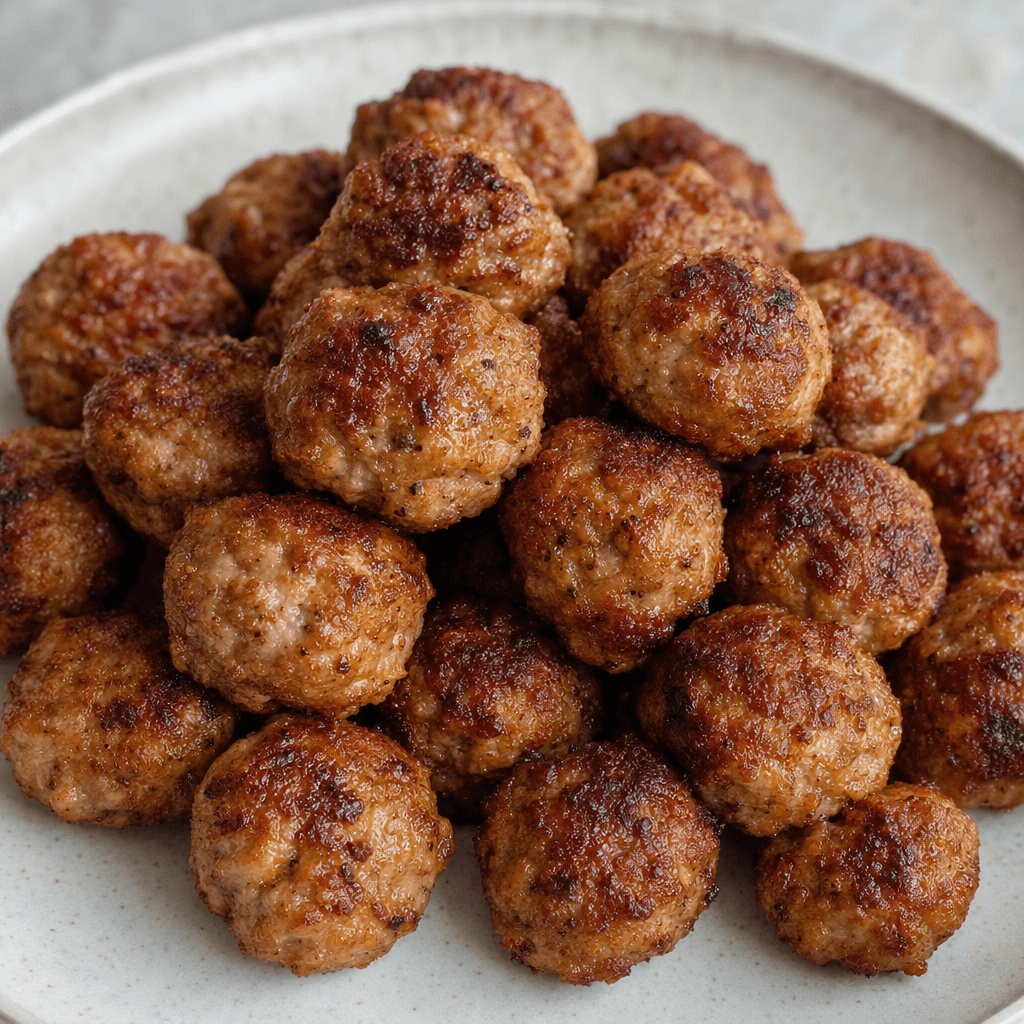 Several small, round meatballs with irregular surfaces and deep golden-brown seared patches sit on a plate, their edges slightly crisp and their centers appearing moist and dense.