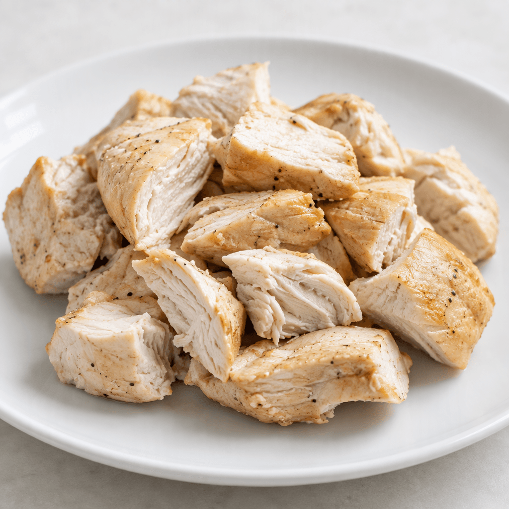 Lean, skinless cooked chicken breast cut into irregular bite-sized pieces, with a pale beige exterior, moist fibrous white interior, and a simple serving on a plain plate.