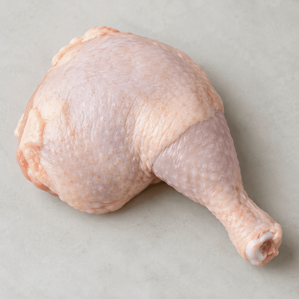 A whole chicken leg with a rounded thigh joined to a tapered drumstick, covered in smooth pale pink skin with small areas of creamy-white fat and a clean bone tip at the narrow end.