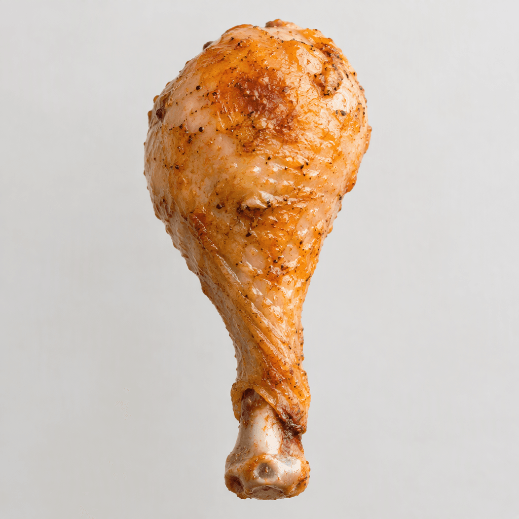 A chicken drumstick has a plump, rounded meat-covered end tapering toward a narrow handle of exposed pale bone, with smooth, slightly dimpled skin ranging from pale pink to golden brown.