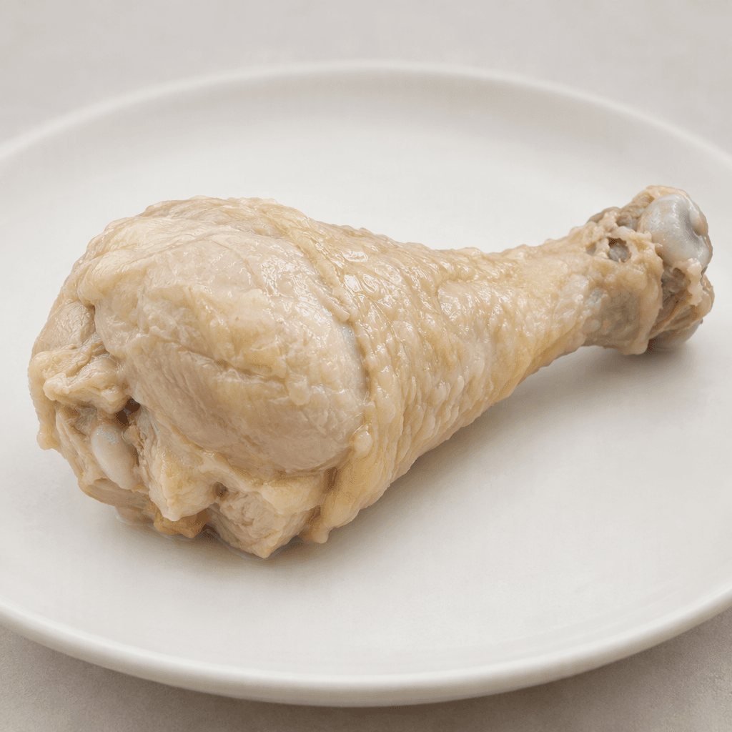 A whole chicken drumstick with pale beige, slightly wrinkled skin, moist tender-looking meat, and a rounded bone tip exposed at one end, served on a plain plate.