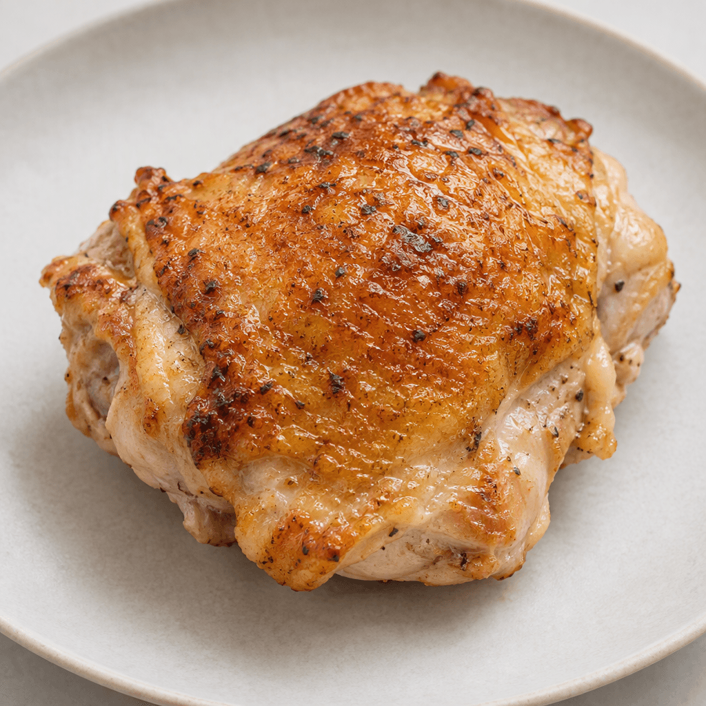 A cooked chicken thigh with golden-brown, slightly crisped skin, an irregular rounded shape, and tender-looking pale meat visible at the edges, served whole on a plate.
