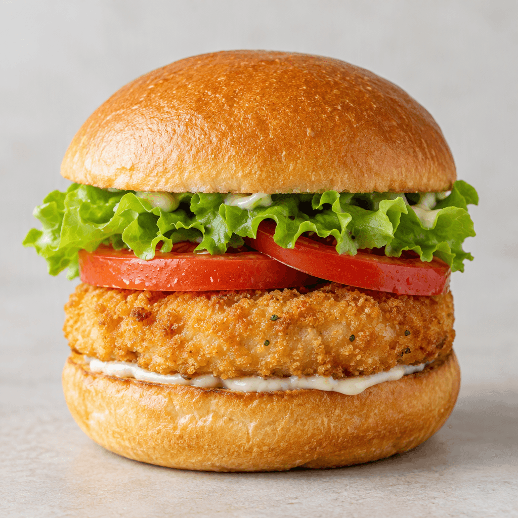 A round burger with a lightly toasted golden-brown bun, a thick round chicken patty with a pale golden crumb coating, green lettuce, red tomato slices and a small amount of creamy sauce visible between the layers.