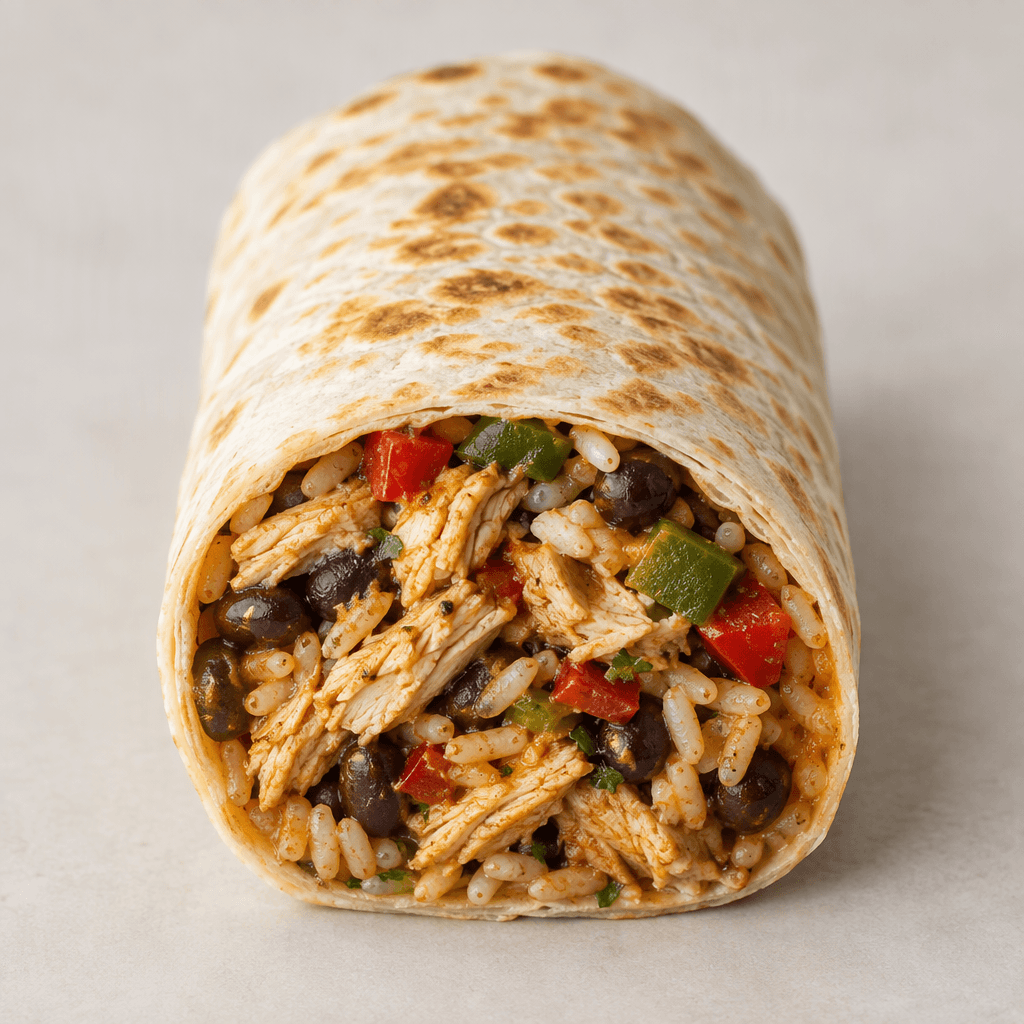 Hafifçe kızarmış un tortilla, içindeki didiklenmiş tavuk, pirinç, fasulye ve kırmızı-yeşil sebze parçaları kesik ucundan görünen dolgun bir silindir şeklinde sarılmıştır.