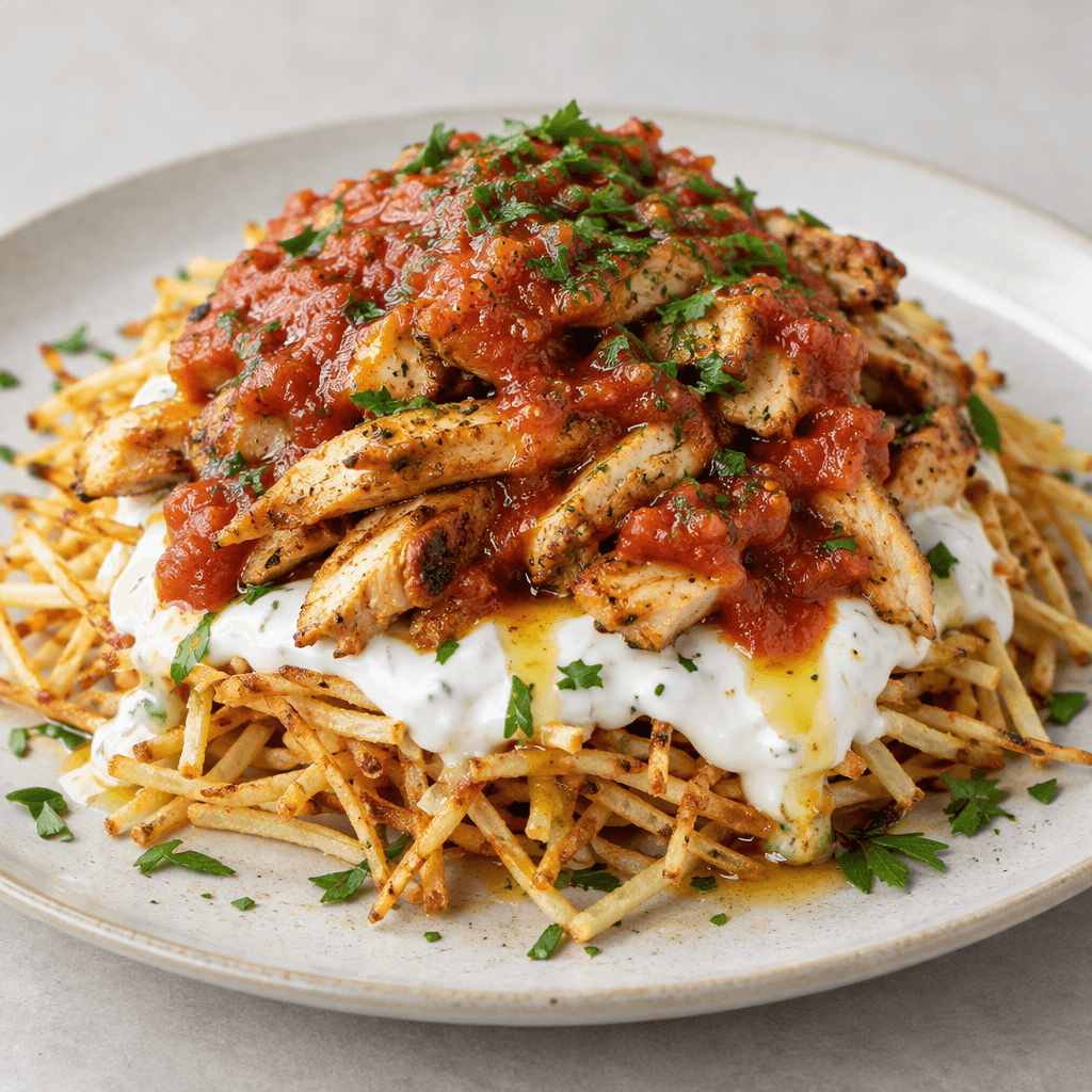 A mound of thin golden potato matchsticks is layered with white garlic yogurt, topped with browned strips of chicken and red tomato sauce, with a drizzle of melted butter and a scattering of green parsley visible on the plate.