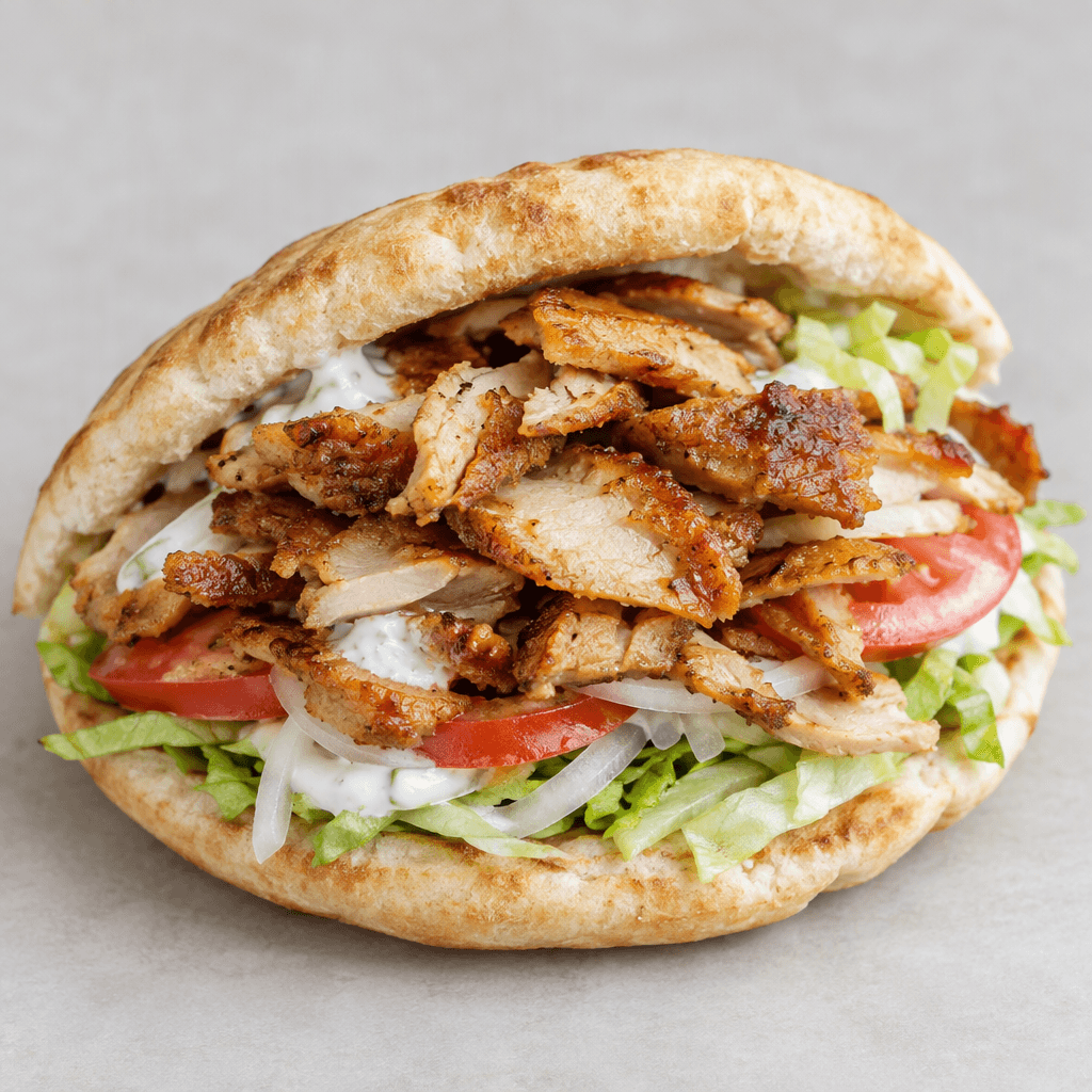 Thinly sliced, golden-brown chicken pieces with lightly crisped edges, piled generously inside a soft, lightly toasted flatbread with shredded lettuce, sliced tomatoes, pale onion strips and a small amount of creamy white sauce visible between the layers.