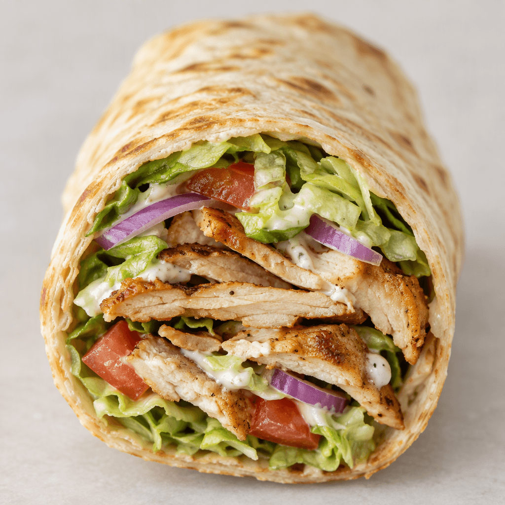 Thin slices of browned chicken with lightly crisp edges, chopped lettuce, red onion, and tomato are tightly wrapped in a soft, pale golden flatbread, with the cut end revealing the layered filling and a few pieces of sauce visible between the ingredients.