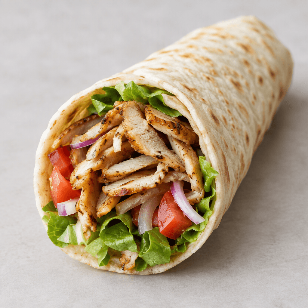İnce, açık renkli lavaşa sarılmış kızarmış tavuk döner dilimlerinin arasından domates, marul ve soğan parçaları görünür.