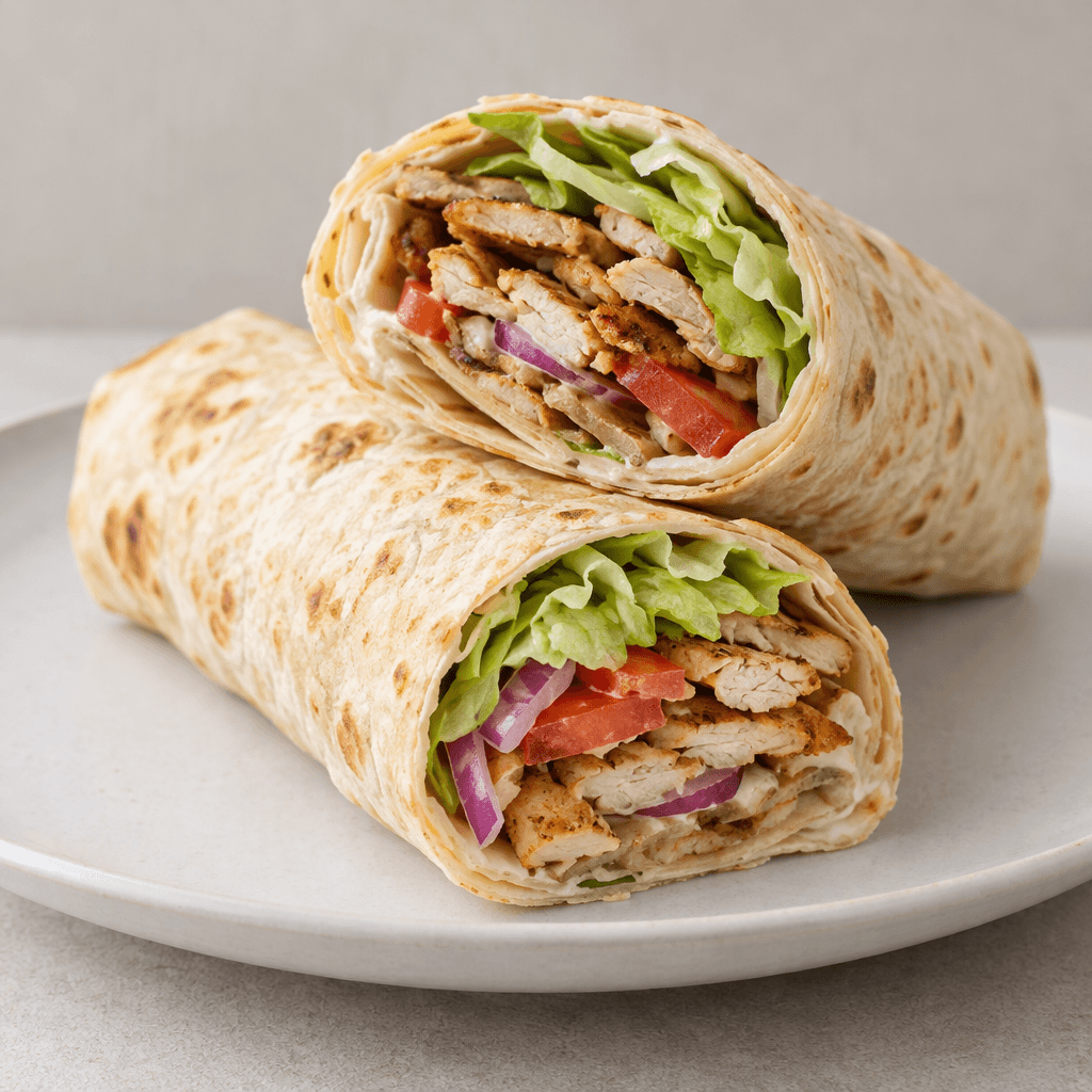 A thin, pale golden lavash is rolled into a compact wrap, with visible layers of browned, thinly sliced chicken, pale green lettuce, red tomato, and purple onion peeking from the open end, served whole or cut in half on a plate.