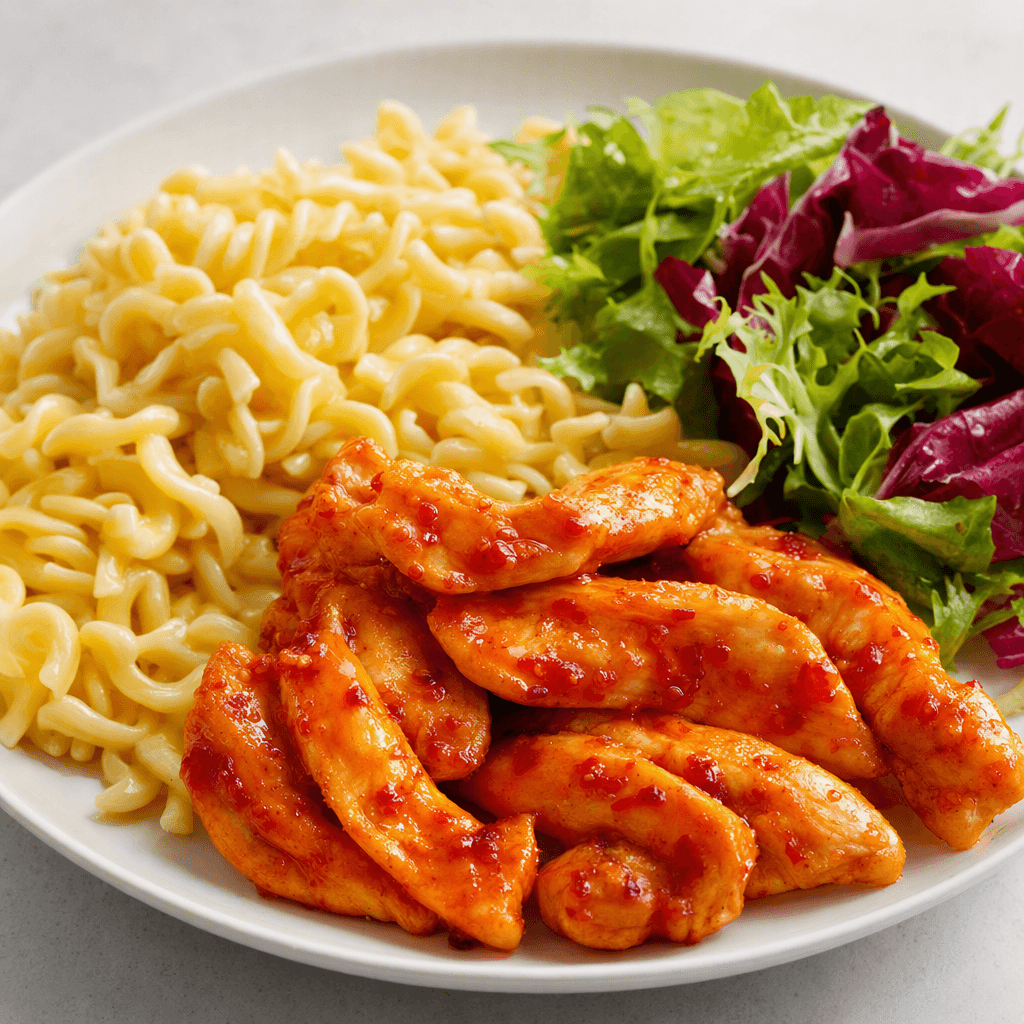 Parlak kırmızımsı turuncu acı sosla kaplanmış tavuk şeritleri, tabağın yanında açık renkli makarna ve küçük bir yeşil salata porsiyonuyla servis edilir.