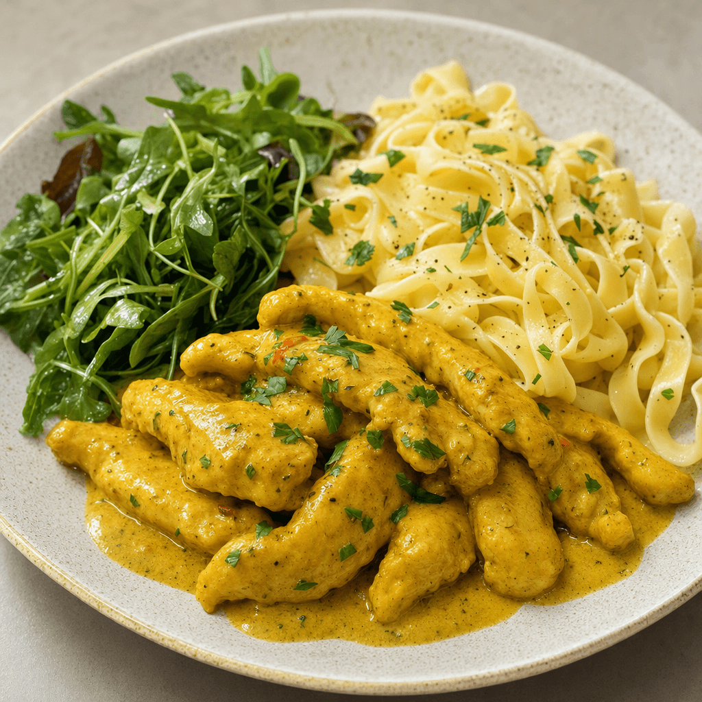 Golden chicken strips coated in a creamy yellow curry sauce sit beside ribbon-shaped pasta and a small portion of greens on a plate.