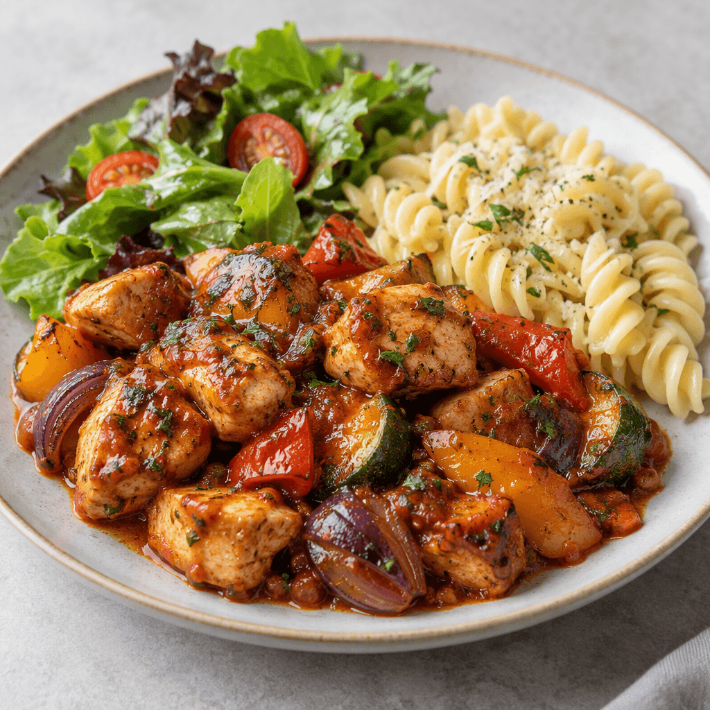 Bite-sized chicken pieces coated in a reddish-brown sauce with soft roasted-vegetable pieces, served on a plate beside pale pasta and a small green salad.