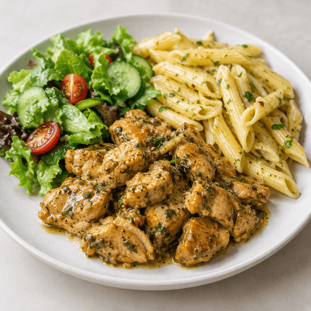 Bite-sized pieces of chicken are coated in a glossy, herb-flecked sauce and served on a plate beside pasta and a small green salad.
