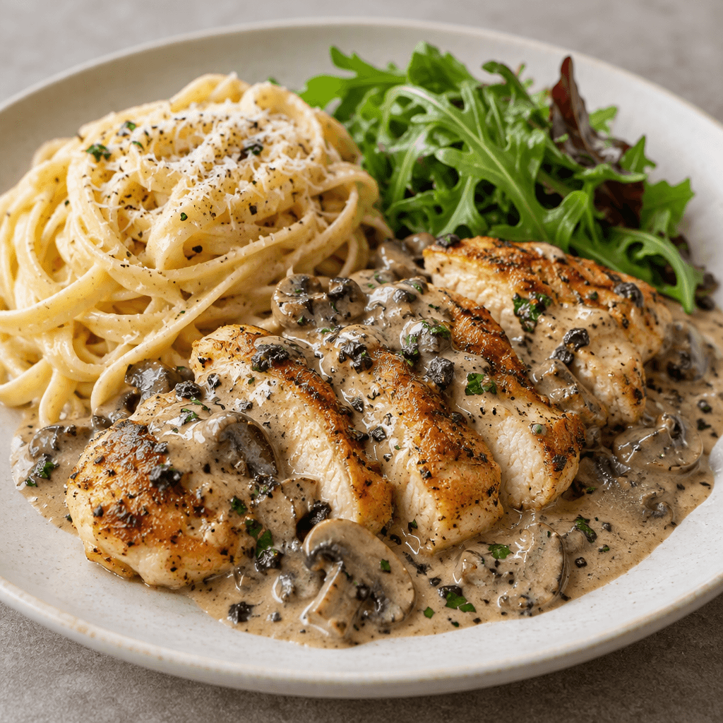 Golden-browned strips of chicken sit in a creamy, pale-brown truffle sauce with visible mushroom pieces, beside a mound of pasta and a small serving of fresh greens on a plate.