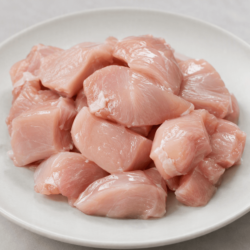 Pale pink, slightly glossy pieces of chicken meat with smooth surfaces and irregular cut edges are arranged on a plate.