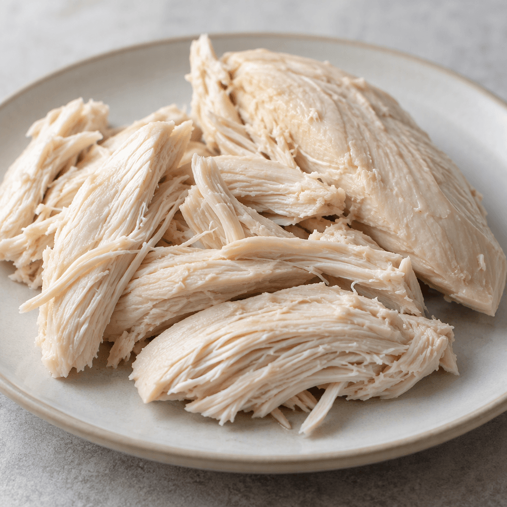 Pale ivory chicken pieces with a moist, matte surface and visible fine fibers, simply arranged on a plate.