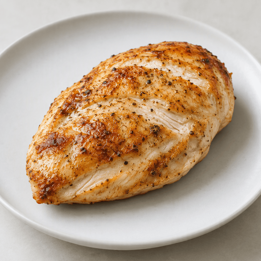 A boneless chicken breast with a lightly browned, golden surface, visible seared edges, and moist white meat showing through a few natural cuts, served whole on a simple plate.