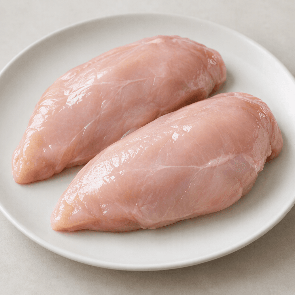 Skinless, boneless chicken breast fillets with a pale pink colour, smooth moist surfaces, a thick rounded end, and a naturally tapered shape, arranged on a plain plate.