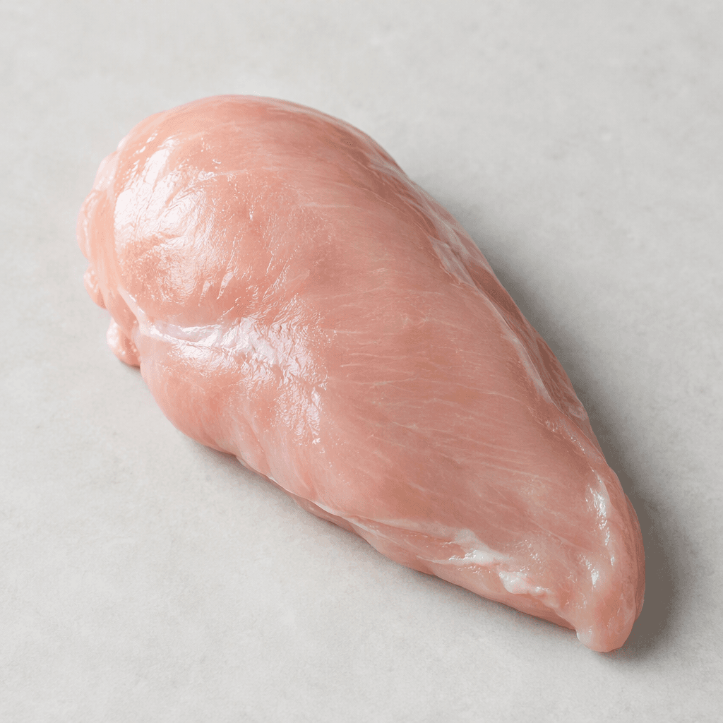 A raw, boneless chicken breast fillet is pale pink and slightly glossy, with a smooth, moist surface, a thick rounded end, and a narrower tapered end.