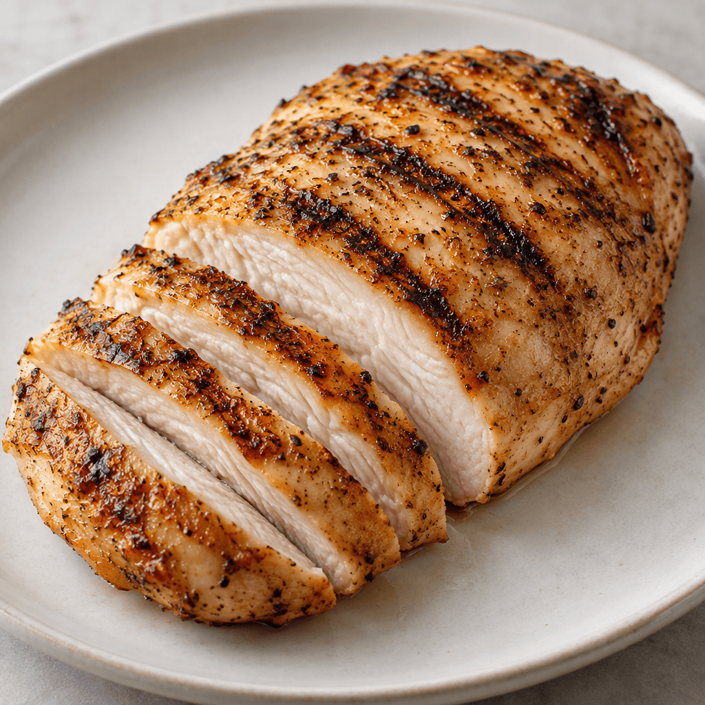 A thick, boneless chicken breast rests on a plate, its surface golden-brown with darker parallel grill marks and a moist, pale interior visible where it is sliced.
