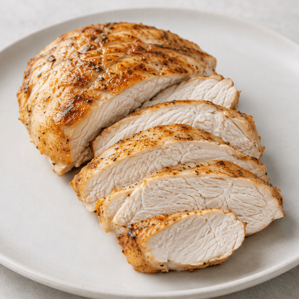 A boneless chicken breast with a lightly browned golden surface, firm uneven edges, and a pale, fibrous interior visible in thick slices, served on a plain plate.