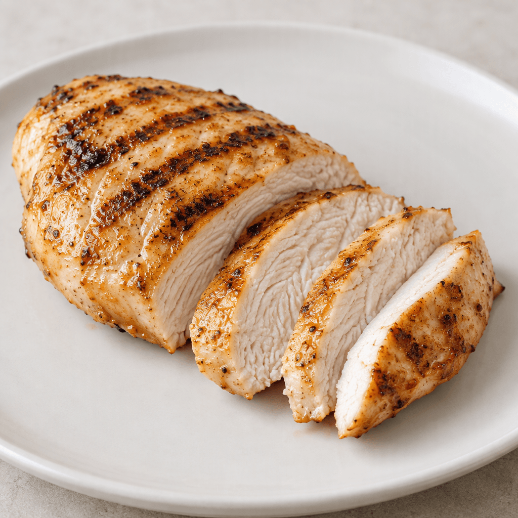 A boneless, skinless chicken breast with a lightly browned surface, distinct dark grill marks, a faint sheen of oil, and a firm, fibrous white interior visible where it is sliced, served on a plain plate.