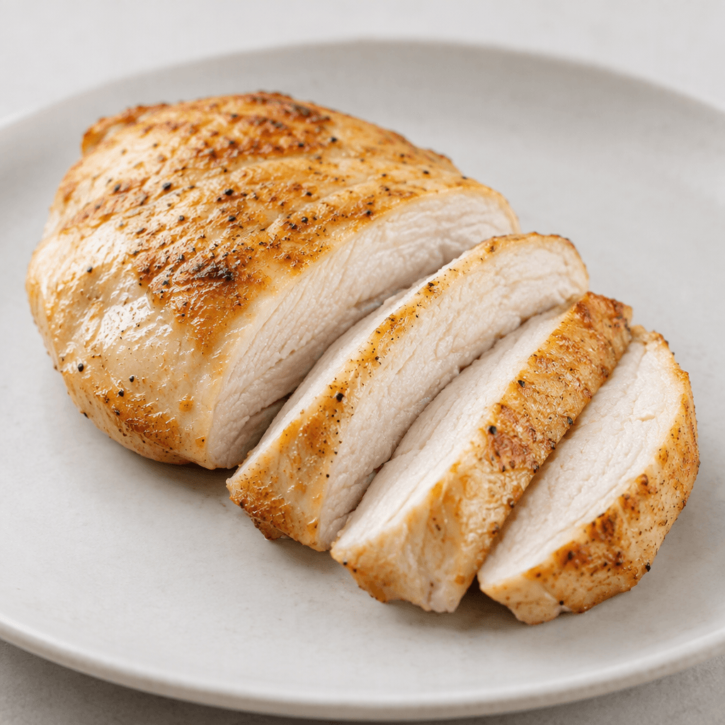 A boneless, skinless chicken breast portion with an opaque pale ivory surface, gently browned edges, and a firm, fibrous interior visible where it is sliced into thick, moist-looking pieces, served simply on a plate.
