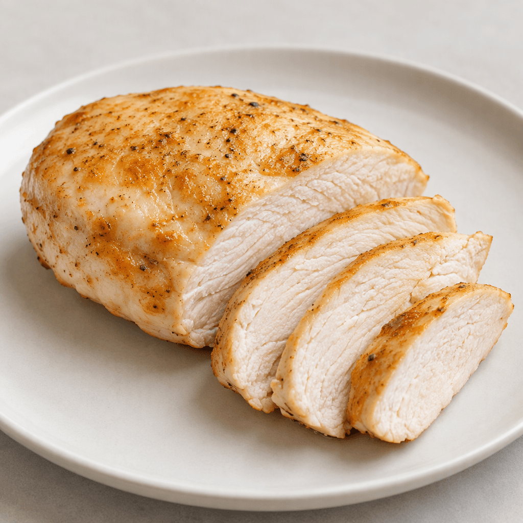 A boneless, skinless chicken breast with a pale ivory interior, lightly golden surface, firm fibrous texture, and no visible fat, resting whole or in thick slices on a plain plate.