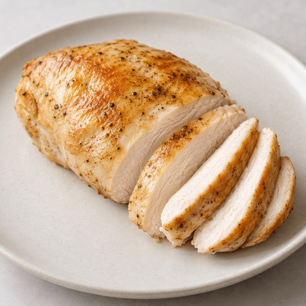 A boneless chicken breast with a smooth, compact shape, pale ivory flesh, lightly golden edges, and a moist, tender-looking surface, served whole or in thick slices on a plate.