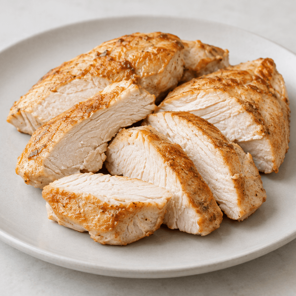 Boneless chicken breast pieces with pale ivory centers and lightly golden-brown seared surfaces, showing firm, fibrous edges and irregular thick slices arranged plainly on a plate.