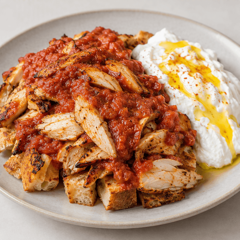 Thin, browned slices of chicken are layered over toasted cubes of flatbread, covered with vivid red tomato sauce, and served beside a mound of white yogurt with glossy melted butter drizzled over the top.