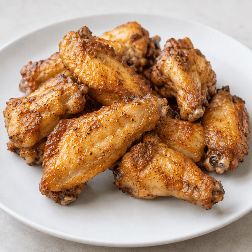 Several cooked chicken wings with irregular jointed shapes, golden-brown skin, crisp-looking ridges, and small exposed bone ends, arranged on a plain plate.