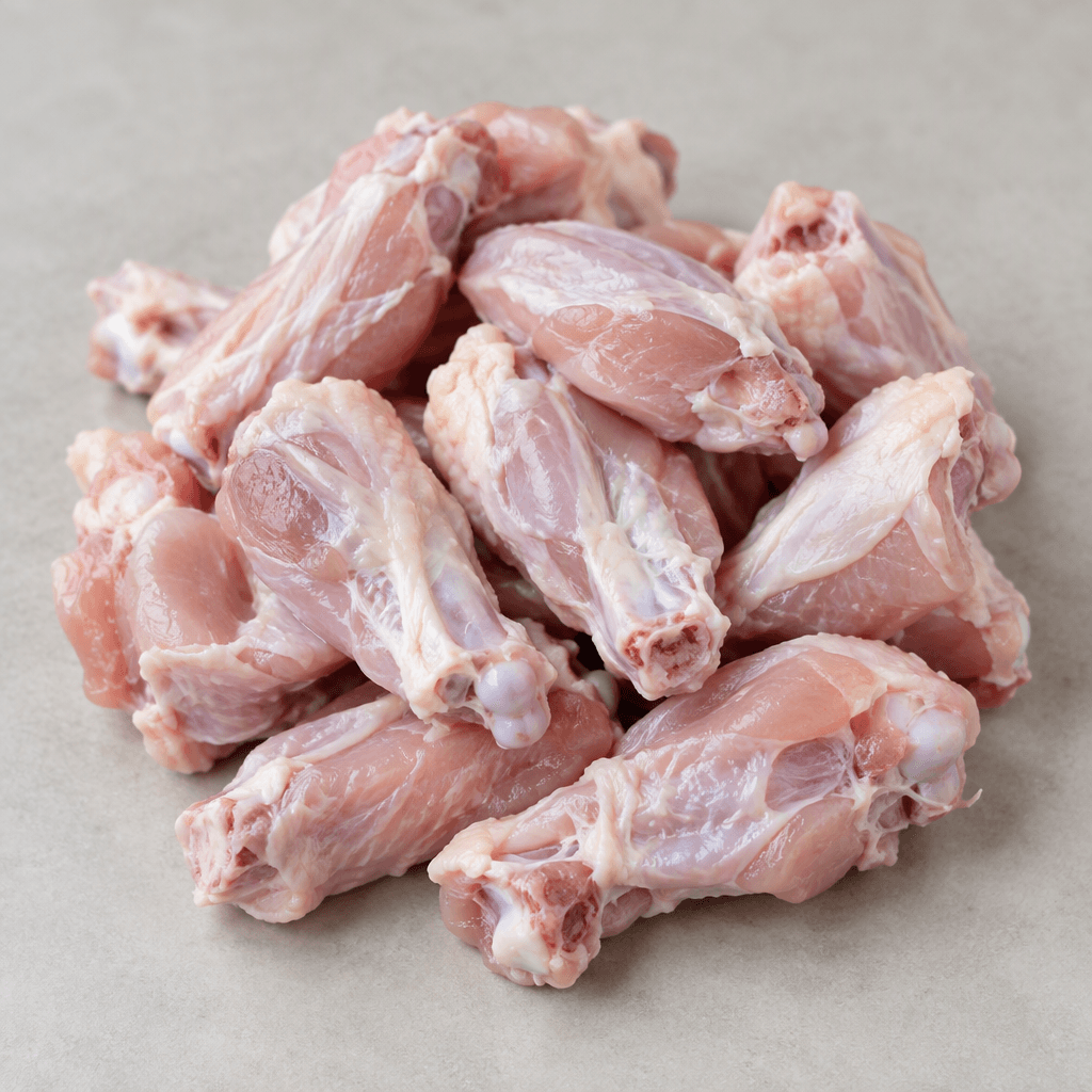 Small, skinless chicken wing pieces with pale pink, slightly moist flesh, irregular jointed shapes, exposed bone ends, and thin white connective tissue along the surface.