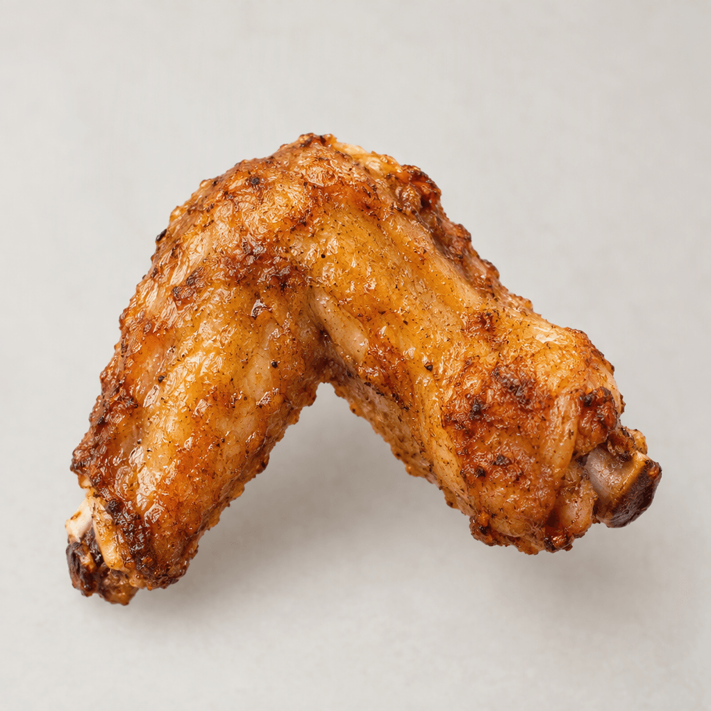 A chicken wing with a curved, jointed shape, golden-brown skin, and small exposed bone ends.