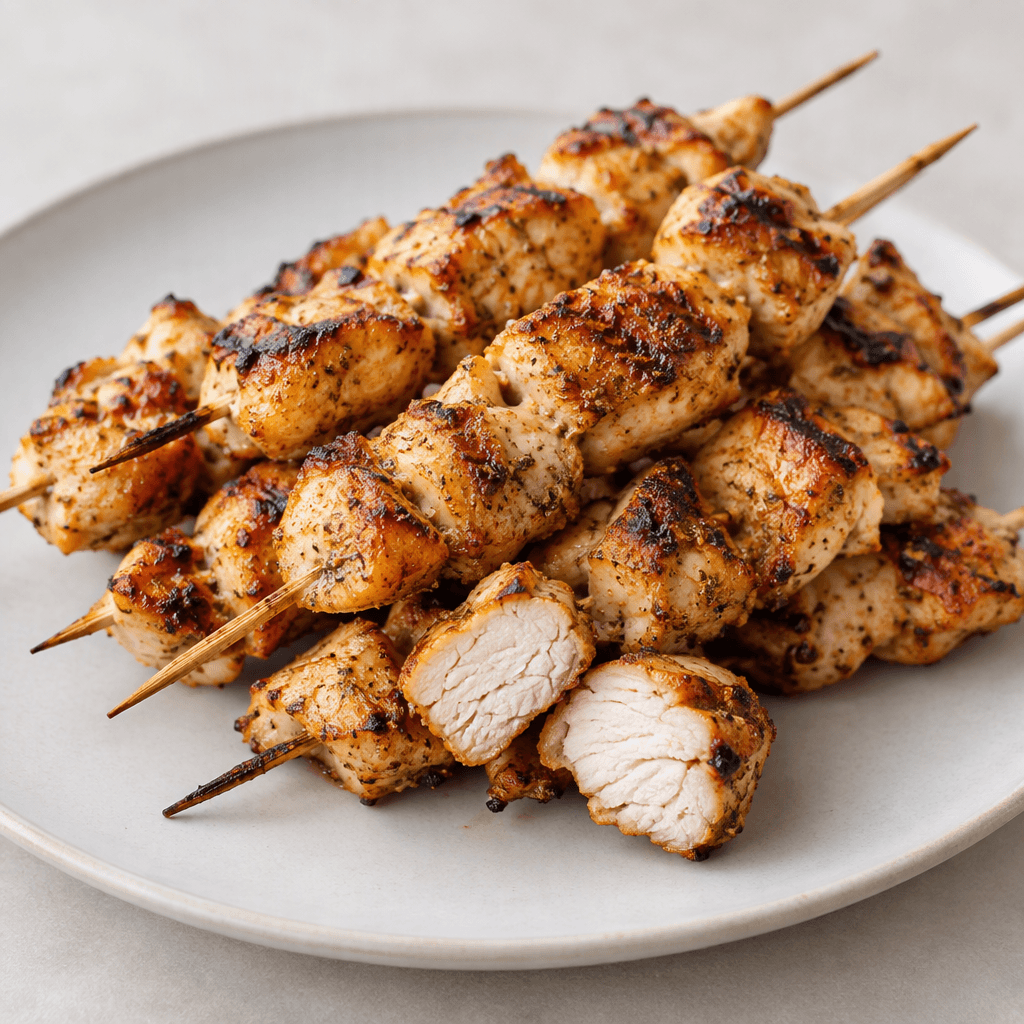 Bite-sized pieces of golden-brown grilled chicken with lightly charred edges are threaded onto skewers and arranged on a plate, with a tender-looking pale interior visible on a cut piece.