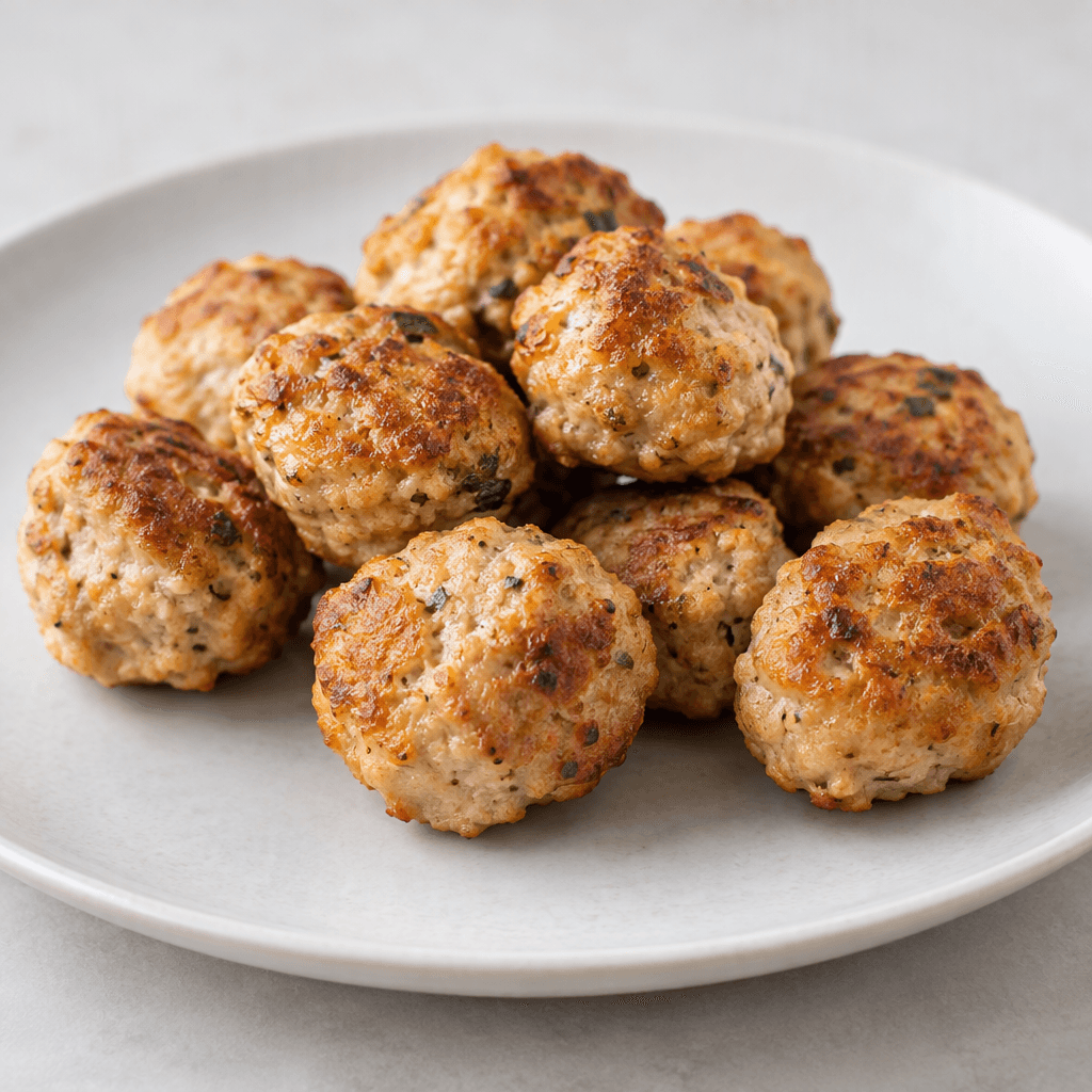 Several small, slightly irregular chicken meatballs with a golden-brown, lightly textured surface are arranged on a plain plate.