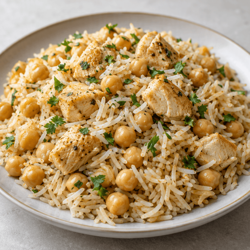 A mound of fluffy long-grain rice dotted with round beige chickpeas and bite-sized pieces of pale golden chicken, with individual grains visible and a few green herb flecks, served on a plate.
