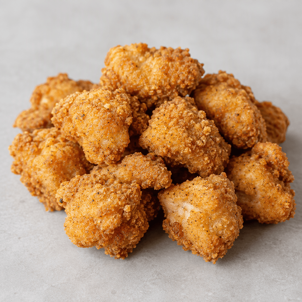 Small, irregularly rounded chicken pieces are covered in a coarse, golden-brown crumb coating with a lightly textured surface.