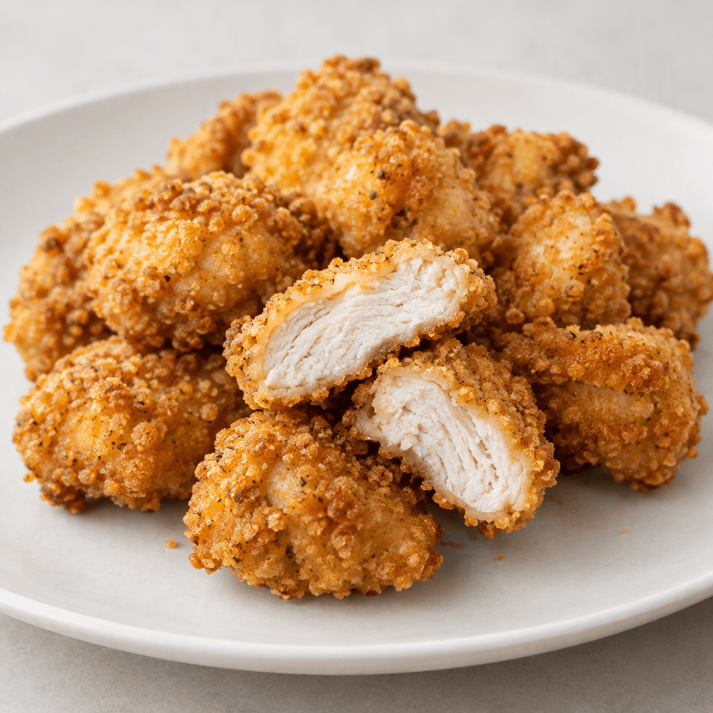 Small, bite-sized irregular pieces of chicken are covered in a coarse golden-brown crumb coating, with a pale, finely textured interior visible where one piece is cut open, arranged on a plain plate.
