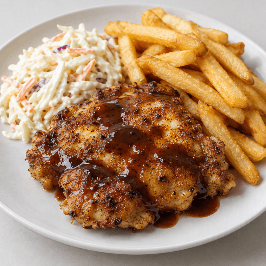 A flattened, boneless chicken thigh with a browned, slightly crisp surface is plated beside golden French fries, pale creamy coleslaw, and a glossy dark brown sauce drizzled over the meat.