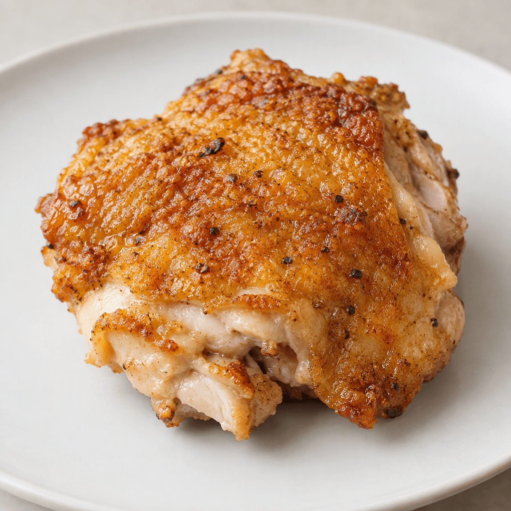 A thick, irregularly shaped boneless chicken thigh with golden-brown, crisp, craggy skin and juicy pale meat visible at the cut edges, served on a plain plate.