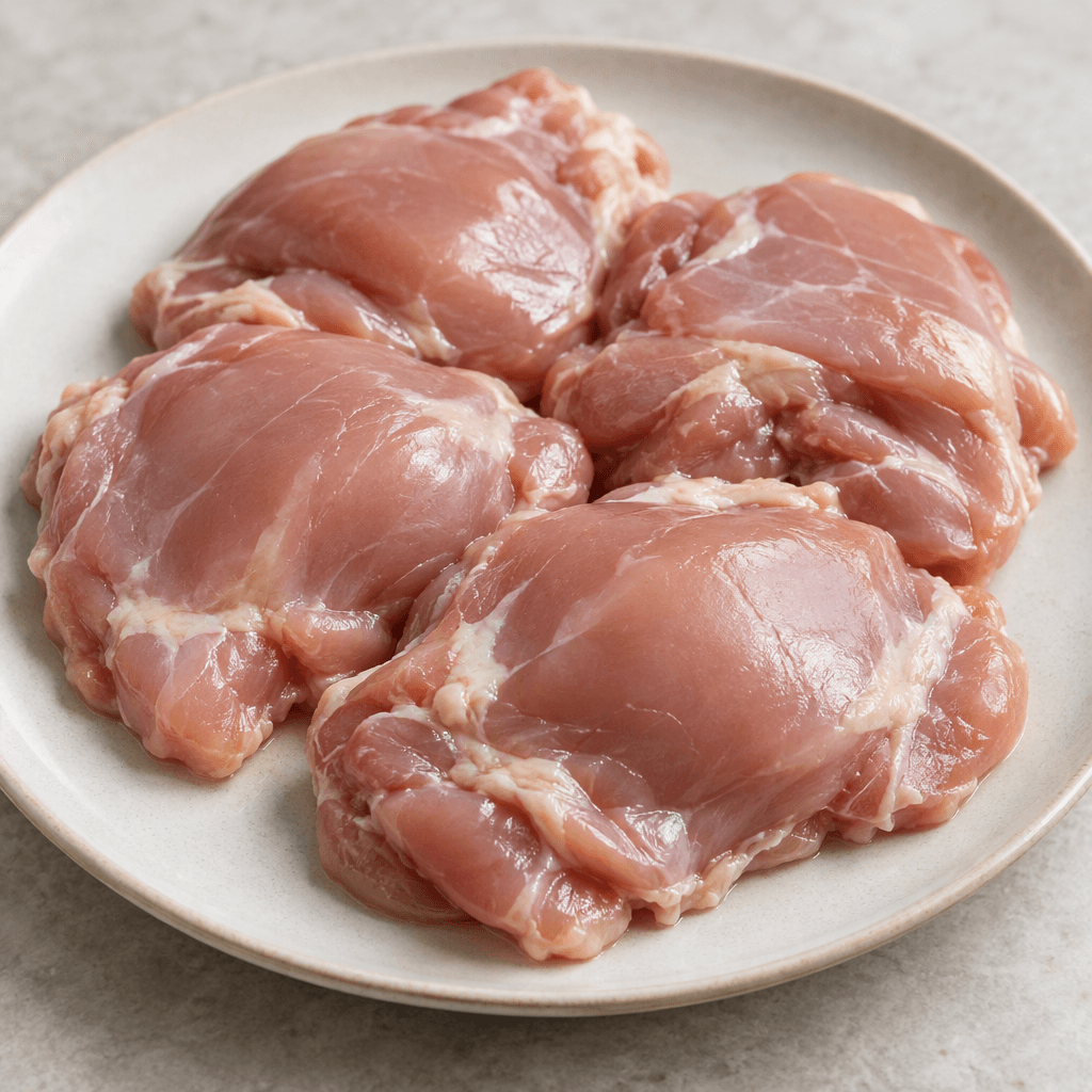 Several boneless, skinless chicken thighs lie on a plate, their irregular, flattened pieces showing moist pink flesh with a few thin white streaks of fat.