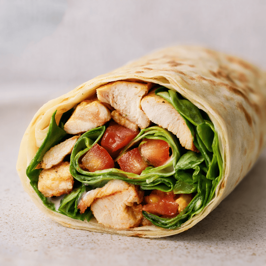 A thin, pale lavash is rolled around strips of chicken with leafy greens and pieces of red tomato visible at the open end, and the wrap is served whole or cut diagonally to show its layered filling.