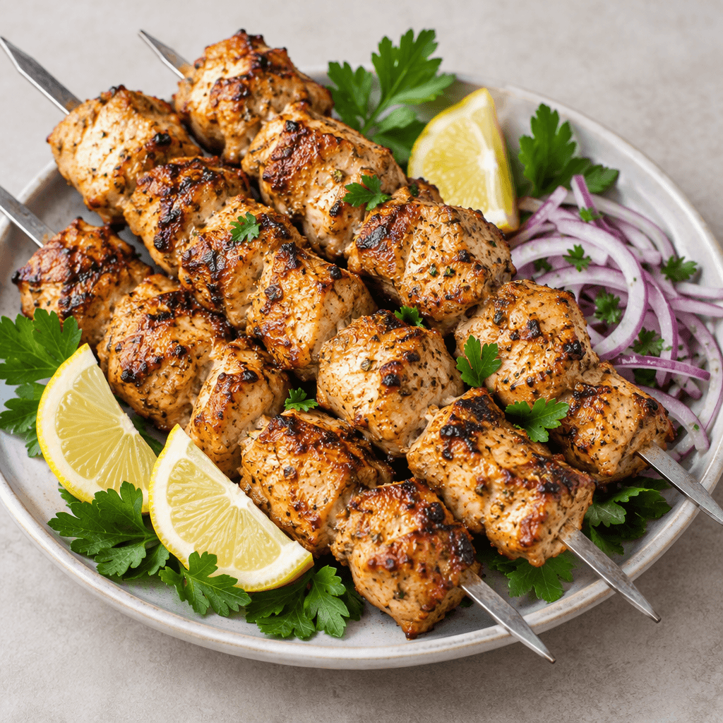Chunks of golden-brown grilled chicken with lightly charred edges, threaded onto flat metal skewers and arranged on a plate with bright green parsley, thinly sliced red onion and lemon wedges.