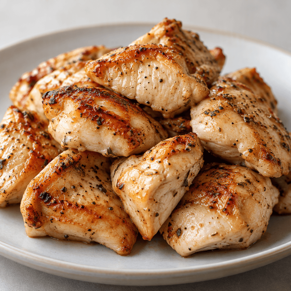 Tender-looking pieces of chicken with lightly browned edges and a faint sheen, served in a simple pile on a plate.