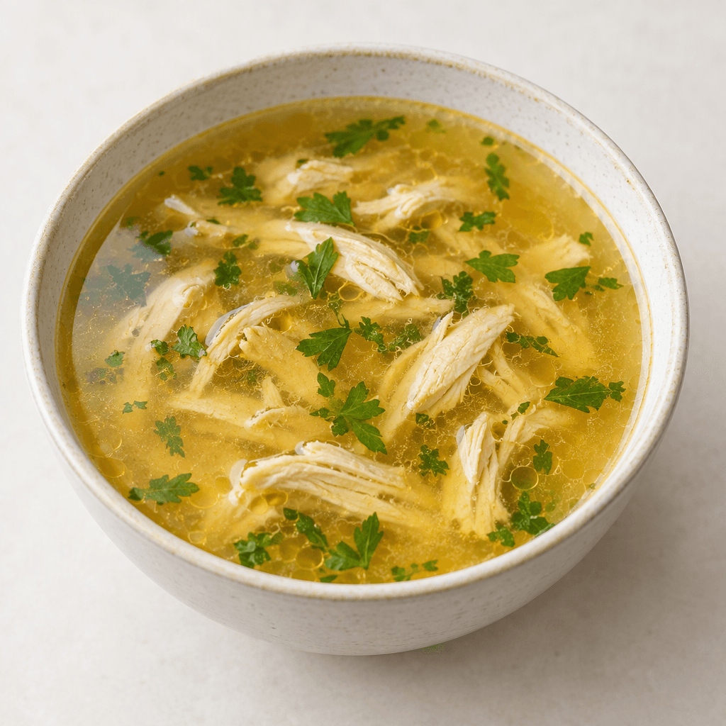 A bowl of clear, warm golden broth with small pieces of pale shredded chicken and a few green herb leaves floating on the surface, served with a thin sheen of light oil.